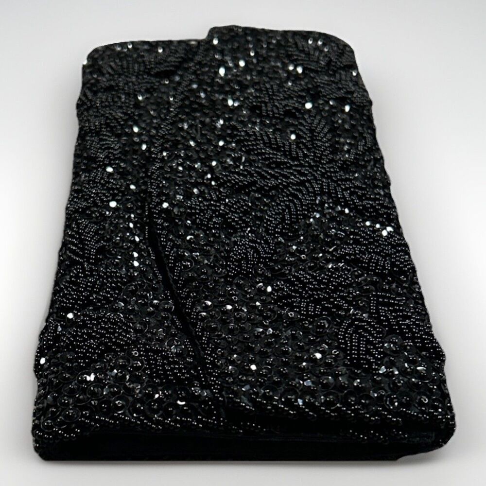 Vtg Rimco Of Cali Clutch Purse Black Beaded Sequin Satin Prom Evening Hong Kong - Picture 4 of 7